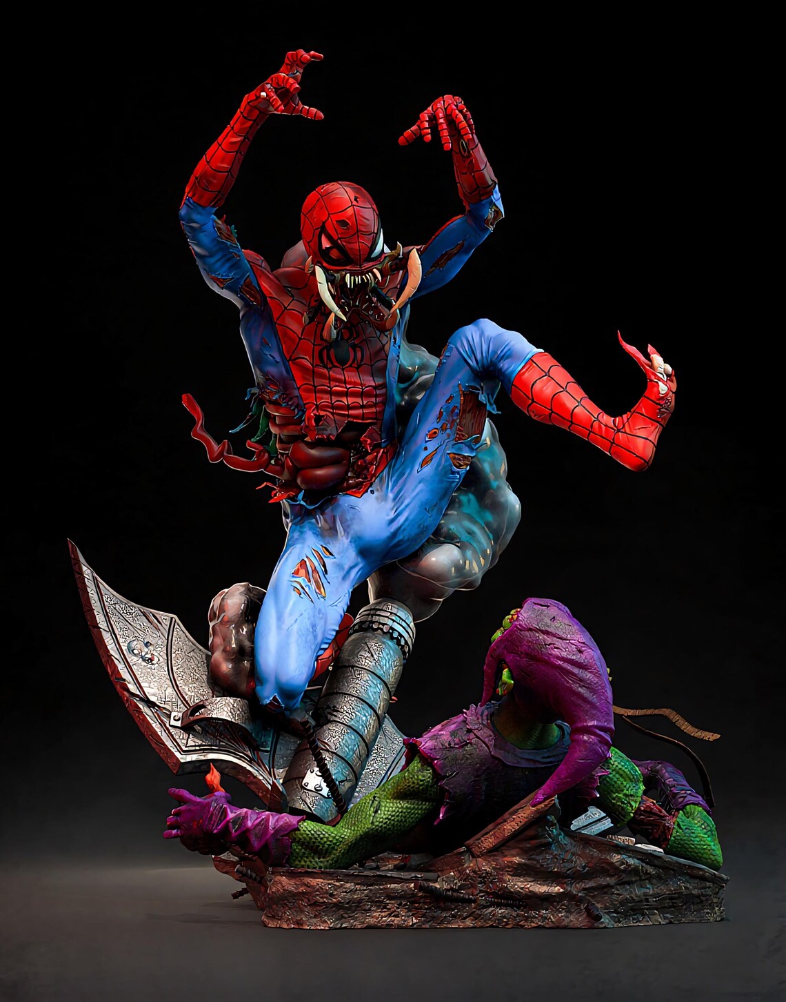 Zombie Spider-Man vs Lizard – Premium 3D Collectible Statue | Horror Superhero Display Figure