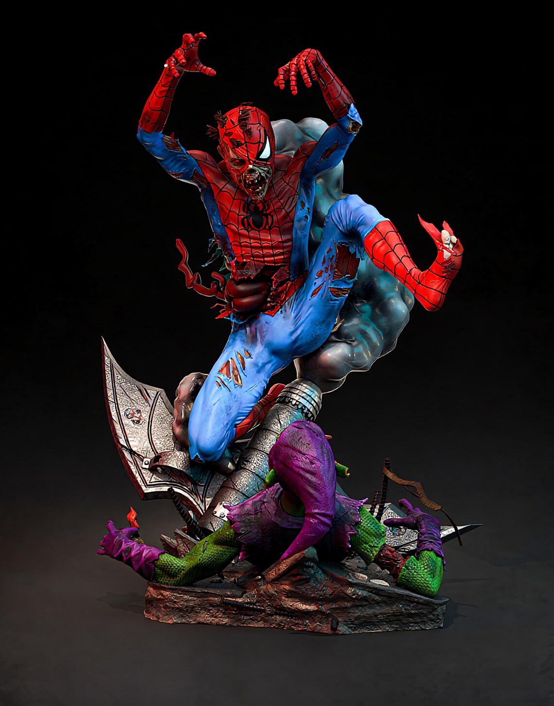 Zombie Spider-Man vs Lizard – Premium 3D Collectible Statue | Horror Superhero Display Figure